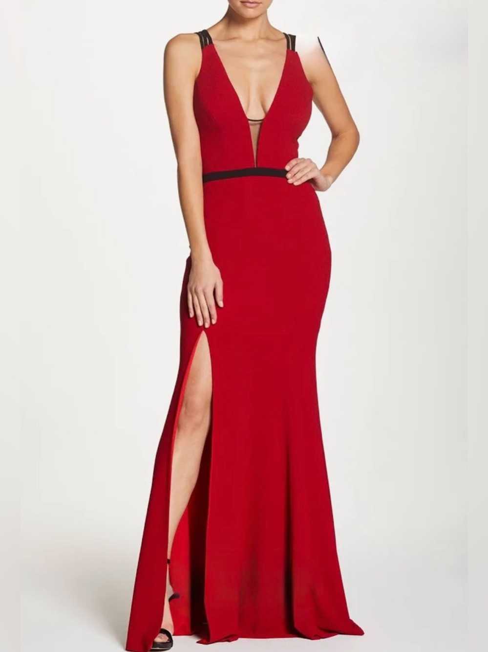 NWOT Dress the Population Red Deep V-Neck Maxi Gown Accented with Black - Size L